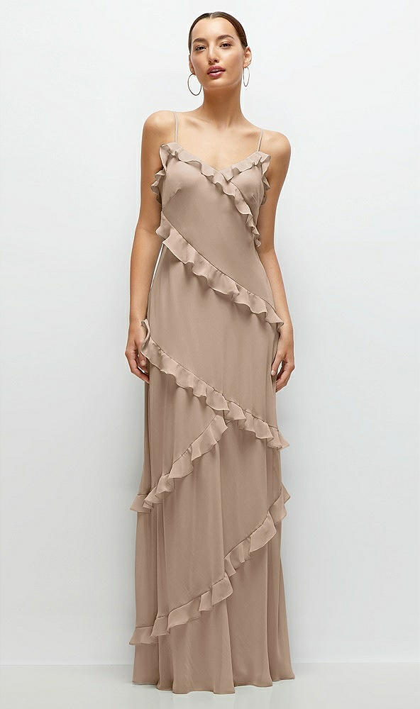 Front View - Topaz Asymmetrical Ruffle Chiffon Bias Slip Maxi Dress