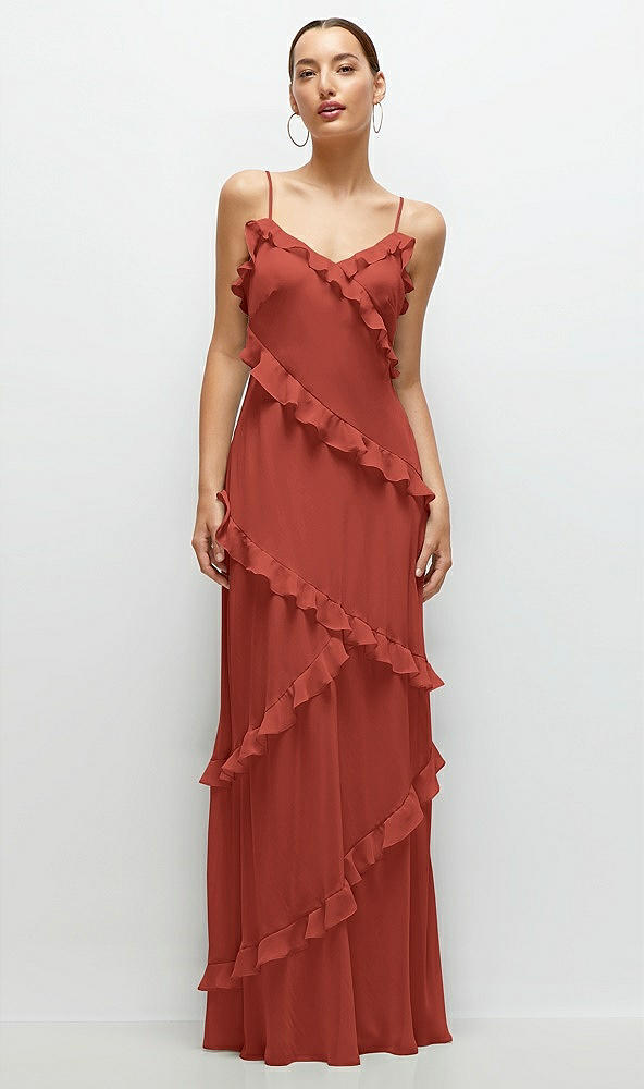 Front View - Amber Sunset Asymmetrical Ruffle Chiffon Bias Slip Maxi Dress