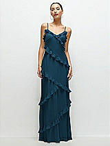 Front View Thumbnail - Atlantic Blue Asymmetrical Ruffle Chiffon Bias Slip Maxi Dress