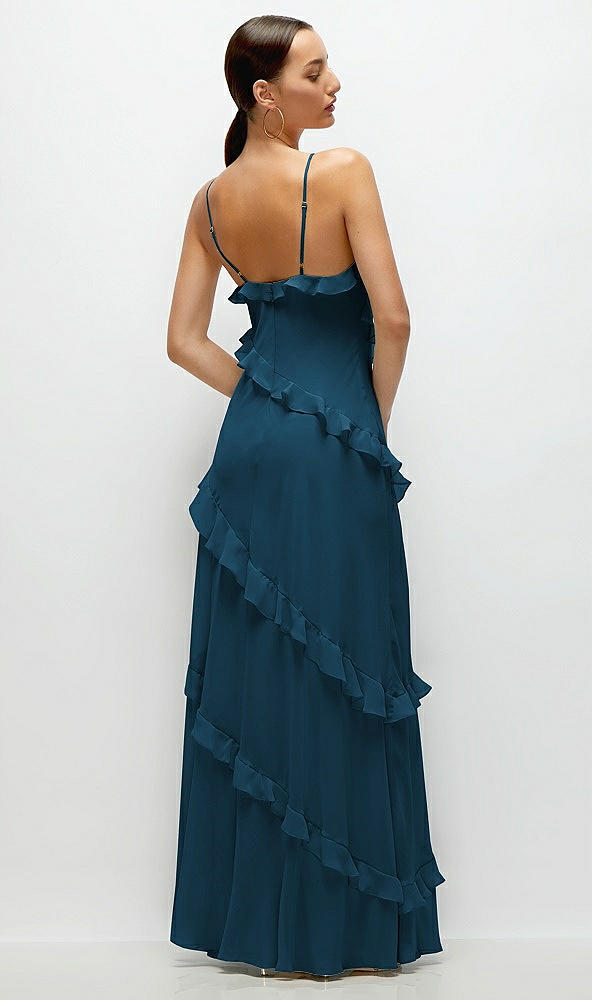 Back View - Atlantic Blue Asymmetrical Ruffle Chiffon Bias Slip Maxi Dress