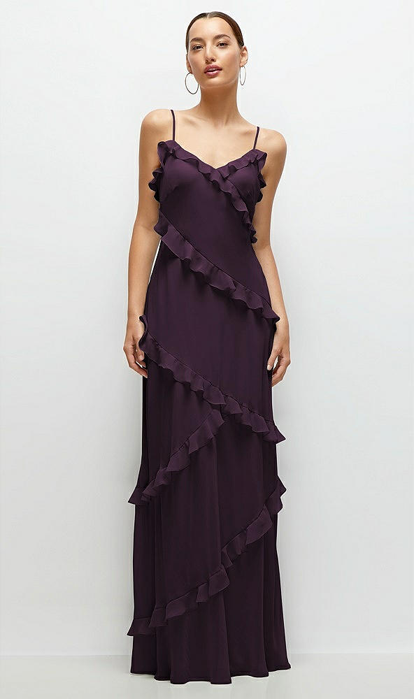 Front View - Aubergine Asymmetrical Ruffle Chiffon Bias Slip Maxi Dress