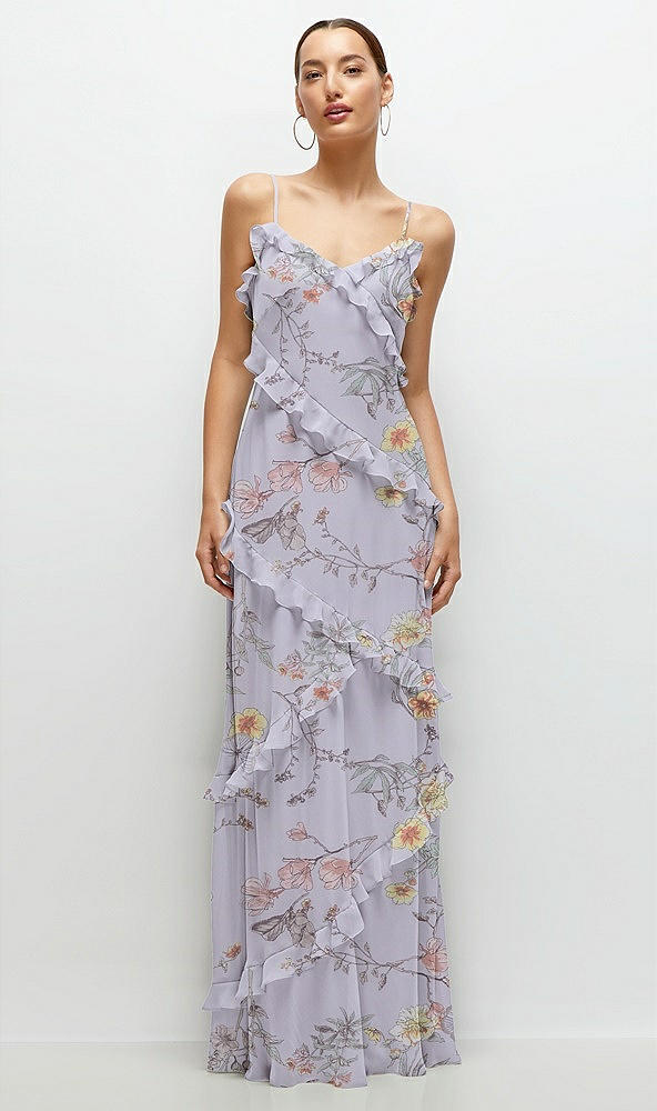 Front View - Butterfly Botanica Silver Dove Asymmetrical Ruffle Chiffon Bias Slip Maxi Dress