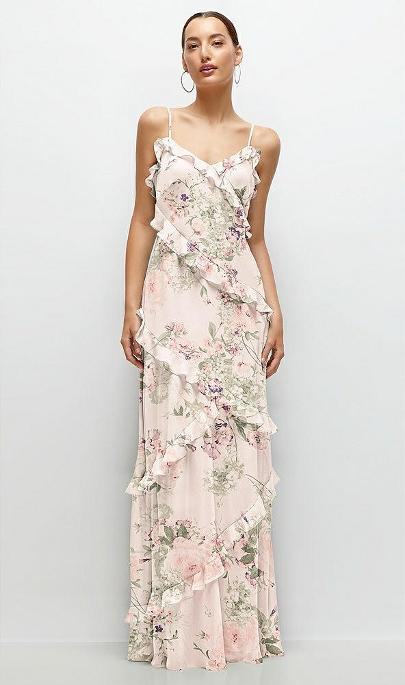 Front View - Blush Garden Asymmetrical Ruffle Chiffon Bias Slip Maxi Dress