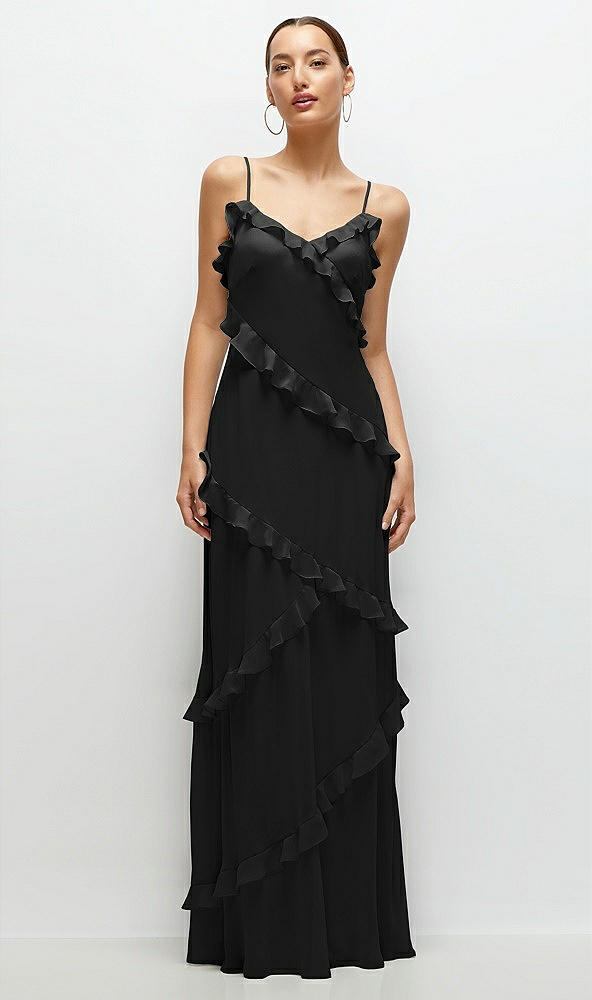 Front View - Black Asymmetrical Ruffle Chiffon Bias Slip Maxi Dress