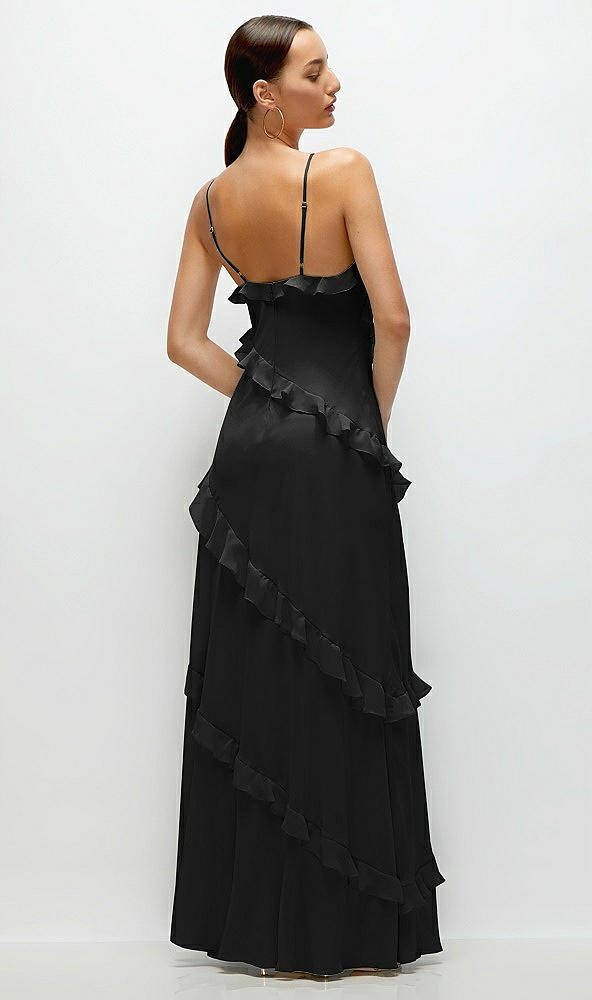 Back View - Black Asymmetrical Ruffle Chiffon Bias Slip Maxi Dress