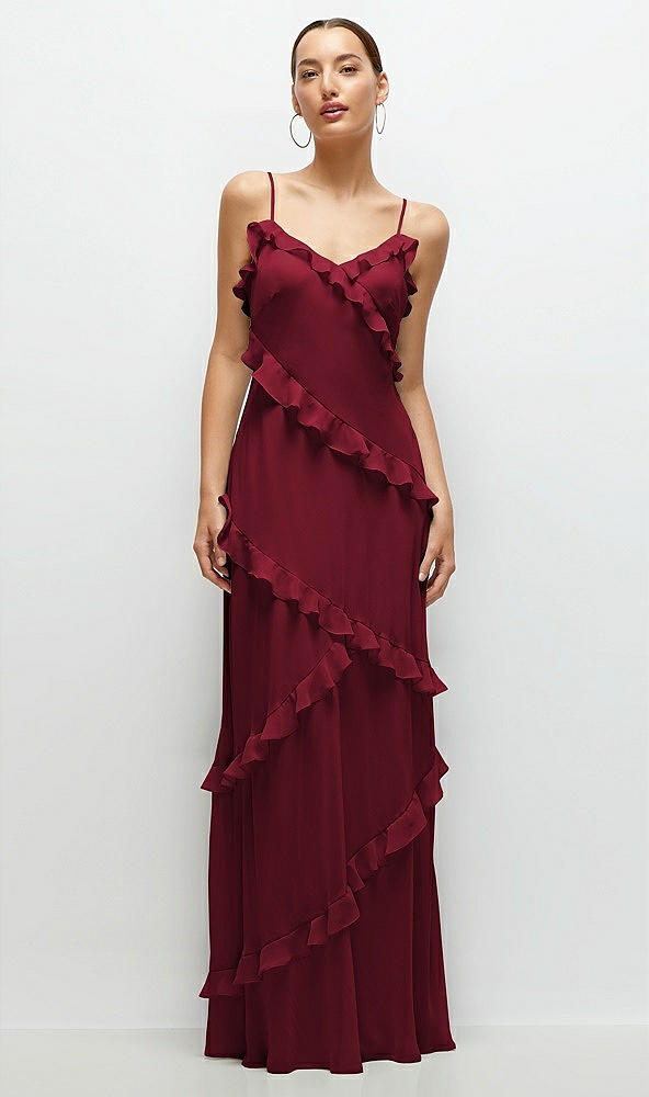 Front View - Burgundy Asymmetrical Ruffle Chiffon Bias Slip Maxi Dress