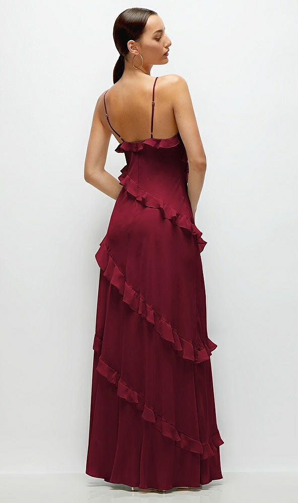 Back View - Burgundy Asymmetrical Ruffle Chiffon Bias Slip Maxi Dress