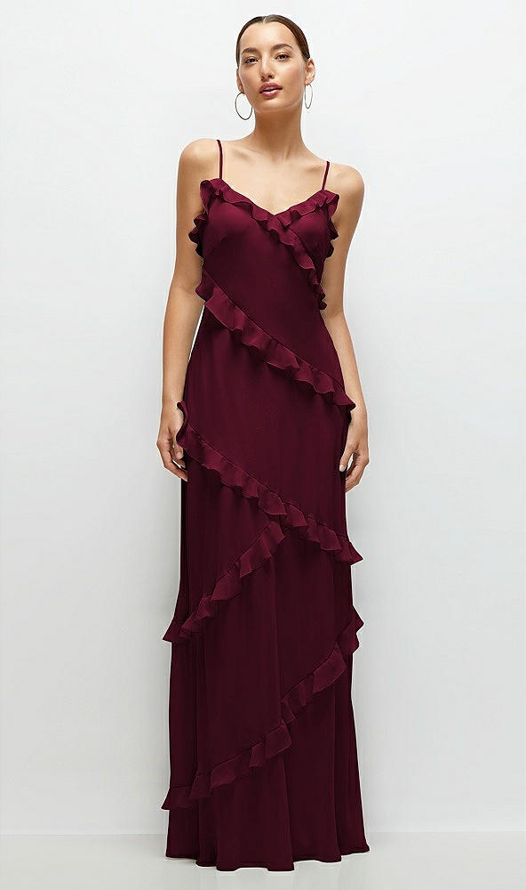 Front View - Cabernet Asymmetrical Ruffle Chiffon Bias Slip Maxi Dress