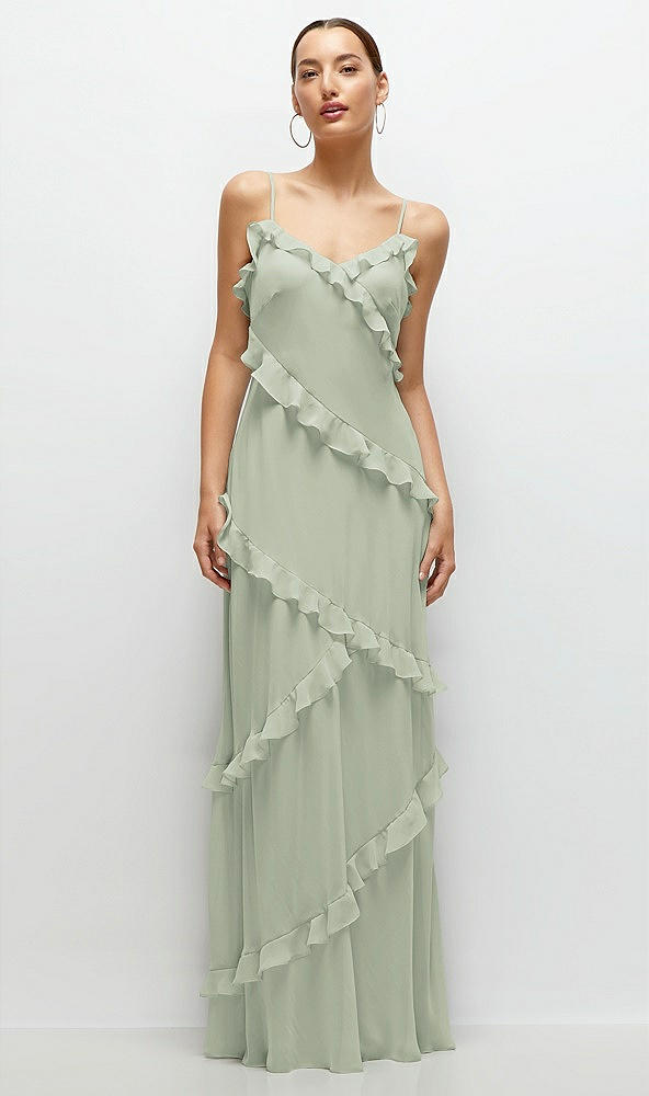 Front View - Celadon Asymmetrical Ruffle Chiffon Bias Slip Maxi Dress