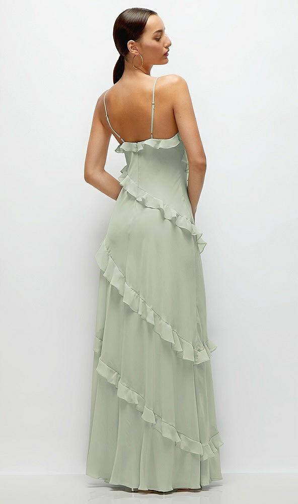 Back View - Celadon Asymmetrical Ruffle Chiffon Bias Slip Maxi Dress