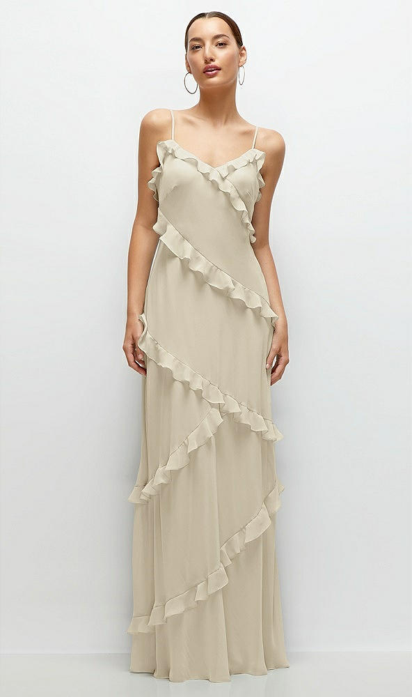 Front View - Champagne Asymmetrical Ruffle Chiffon Bias Slip Maxi Dress