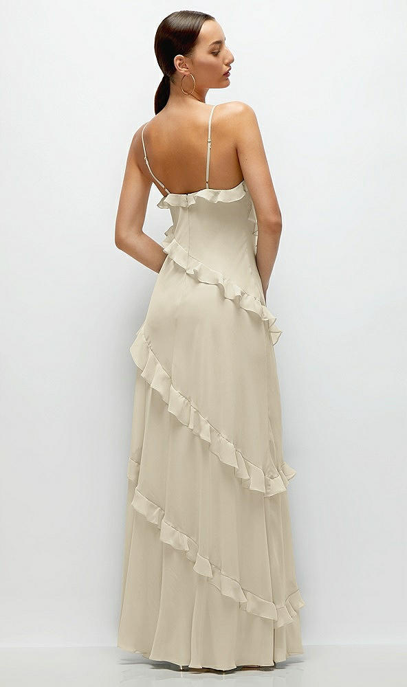 Back View - Champagne Asymmetrical Ruffle Chiffon Bias Slip Maxi Dress