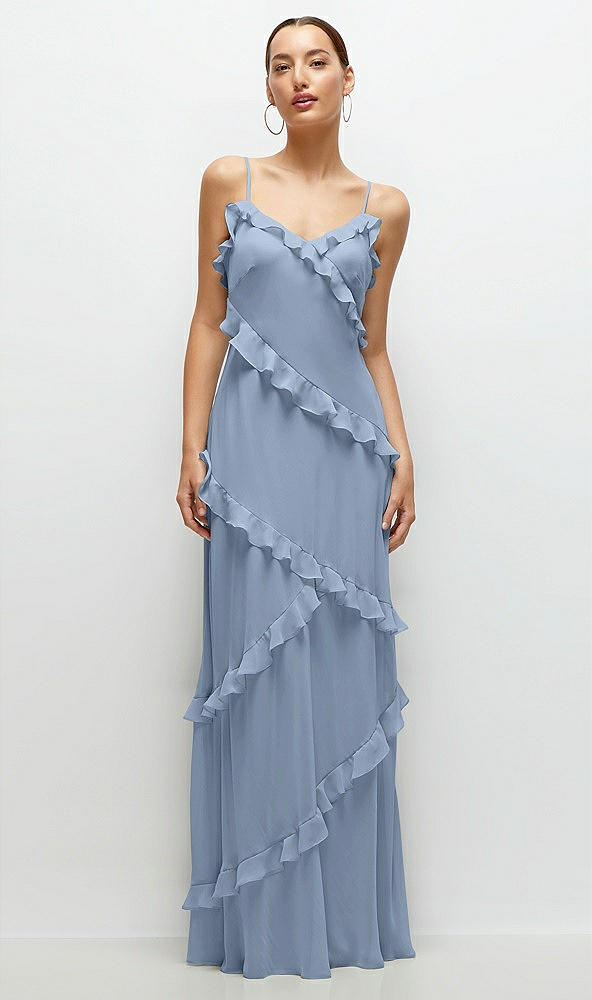 Front View - Cloudy Asymmetrical Ruffle Chiffon Bias Slip Maxi Dress