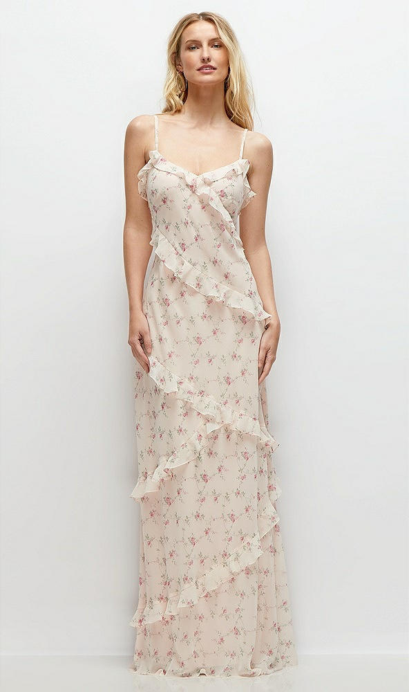 Front View - Coquette Floral Print Asymmetrical Ruffle Chiffon Bias Slip Maxi Dress