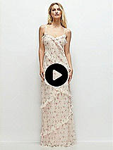 Video 1 Thumbnail - Coquette Floral Print Asymmetrical Ruffle Chiffon Bias Slip Maxi Dress