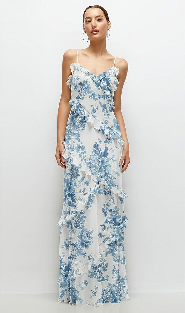 Front View - Cottage Rose Dusk Blue Asymmetrical Ruffle Chiffon Bias Slip Maxi Dress