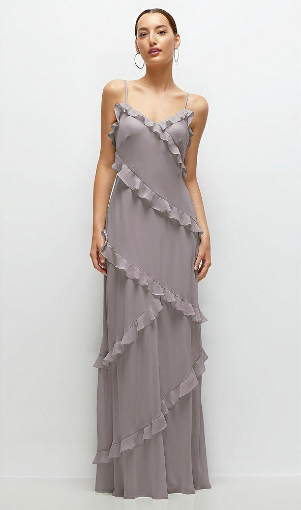 Front View - Cashmere Gray Asymmetrical Ruffle Chiffon Bias Slip Maxi Dress