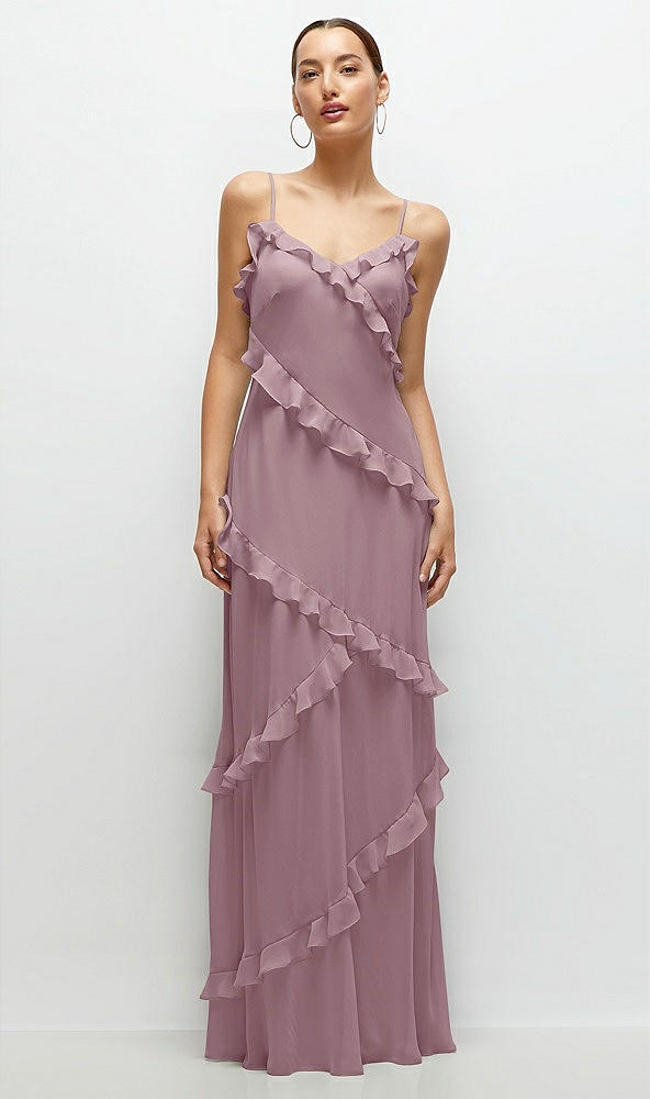 Front View - Dusty Rose Asymmetrical Ruffle Chiffon Bias Slip Maxi Dress