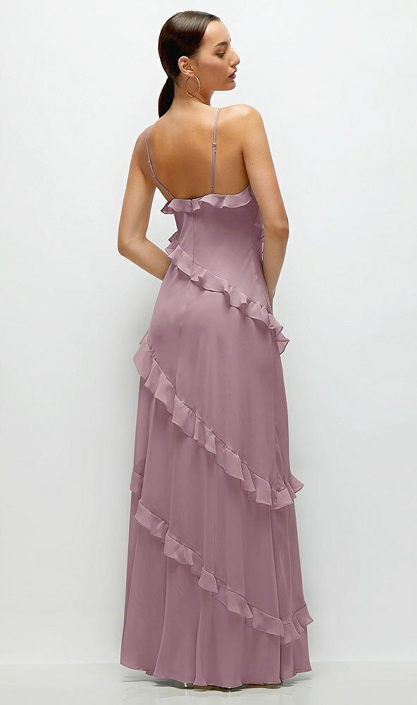 Back View - Dusty Rose Asymmetrical Ruffle Chiffon Bias Slip Maxi Dress