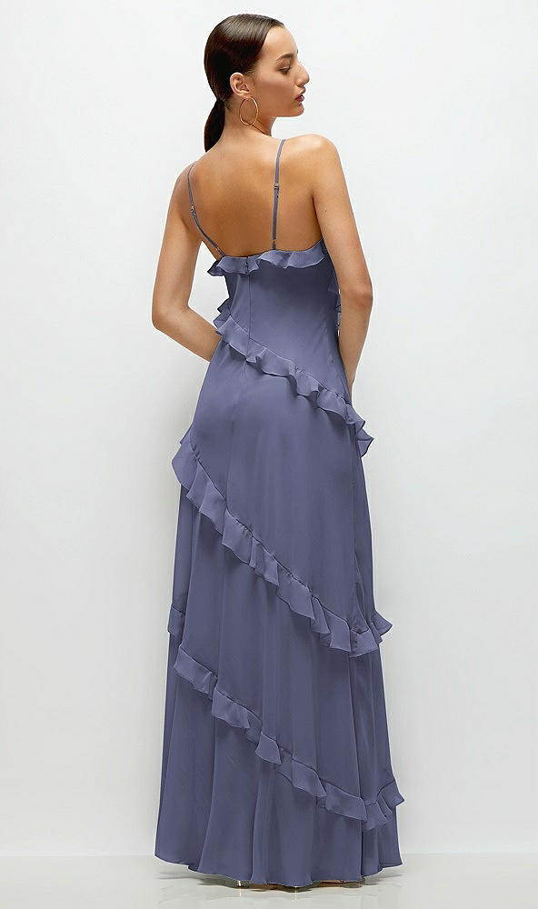 Back View - French Blue Asymmetrical Ruffle Chiffon Bias Slip Maxi Dress