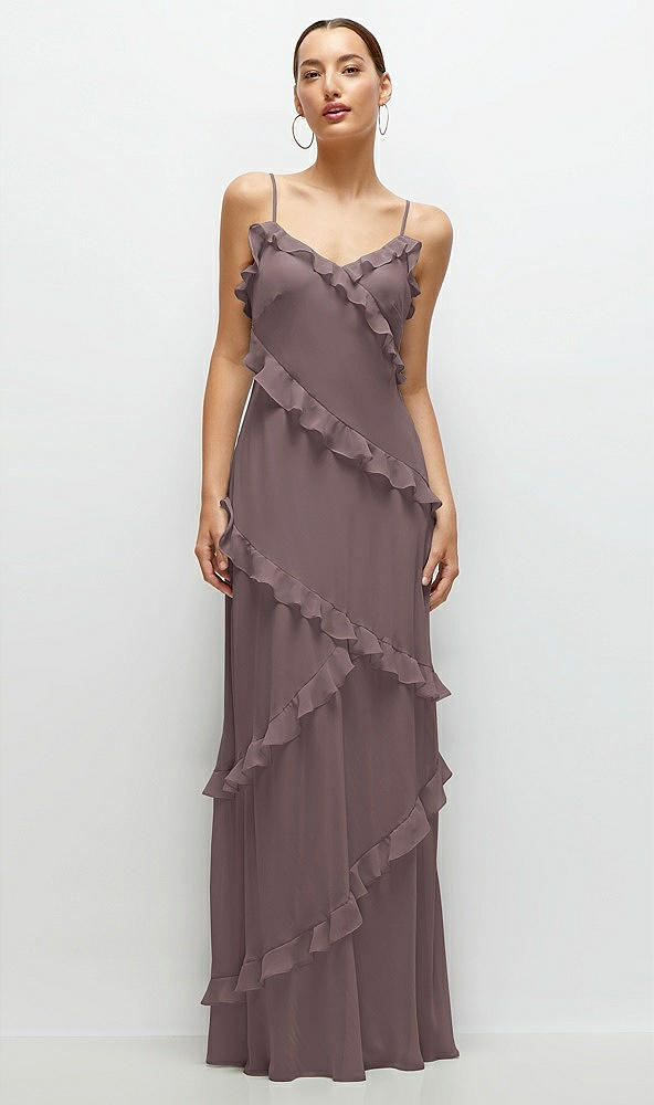 Front View - French Truffle Asymmetrical Ruffle Chiffon Bias Slip Maxi Dress