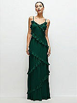 Front View Thumbnail - Hunter Green Asymmetrical Ruffle Chiffon Bias Slip Maxi Dress