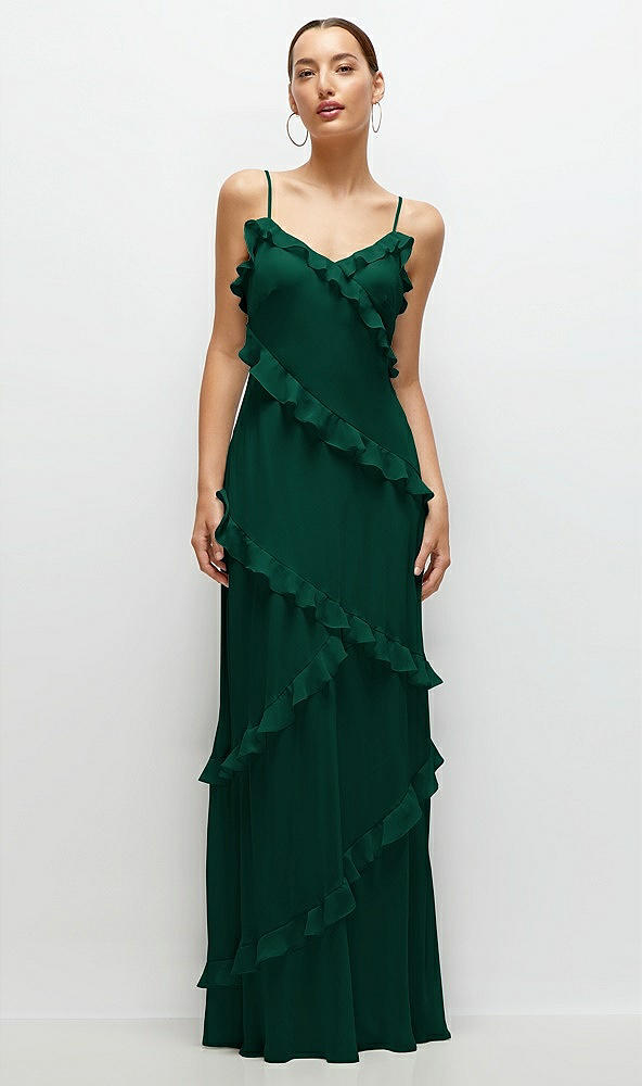 Front View - Hunter Green Asymmetrical Ruffle Chiffon Bias Slip Maxi Dress