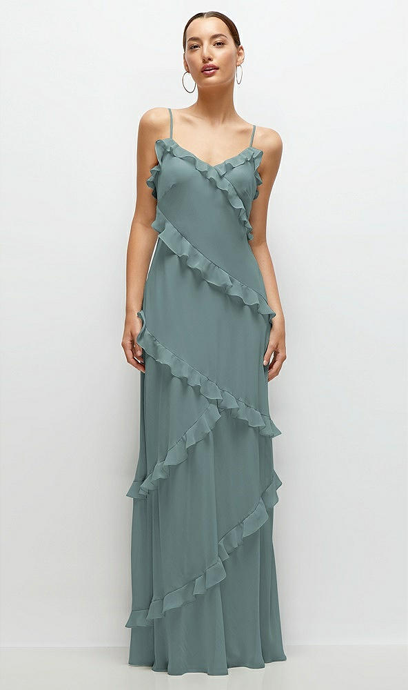 Front View - Icelandic Asymmetrical Ruffle Chiffon Bias Slip Maxi Dress