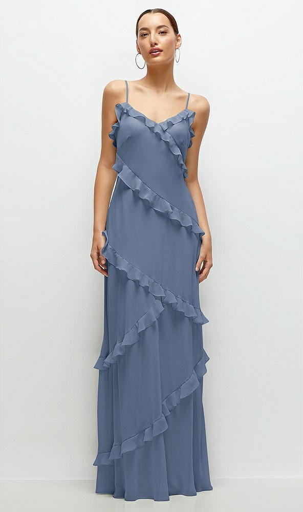 Front View - Larkspur Blue Asymmetrical Ruffle Chiffon Bias Slip Maxi Dress