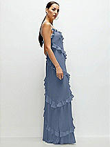 Side View Thumbnail - Larkspur Blue Asymmetrical Ruffle Chiffon Bias Slip Maxi Dress