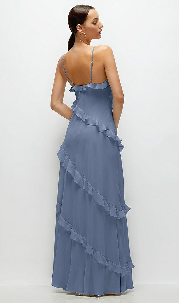 Back View - Larkspur Blue Asymmetrical Ruffle Chiffon Bias Slip Maxi Dress