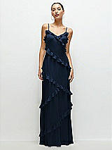 Front View Thumbnail - Midnight Navy Asymmetrical Ruffle Chiffon Bias Slip Maxi Dress