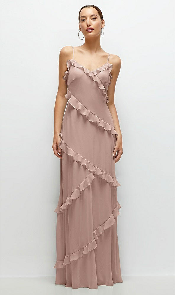 Front View - Neu Nude Asymmetrical Ruffle Chiffon Bias Slip Maxi Dress