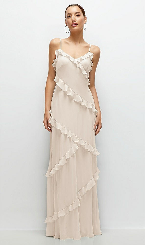 Front View - Oat Asymmetrical Ruffle Chiffon Bias Slip Maxi Dress