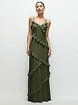 Front View Thumbnail - Olive Green Asymmetrical Ruffle Chiffon Bias Slip Maxi Dress