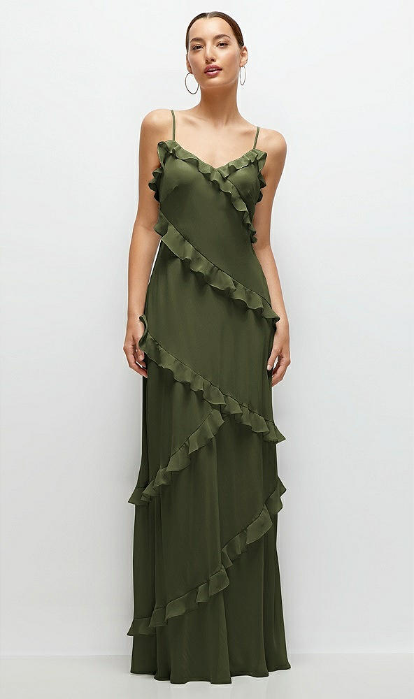 Front View - Olive Green Asymmetrical Ruffle Chiffon Bias Slip Maxi Dress