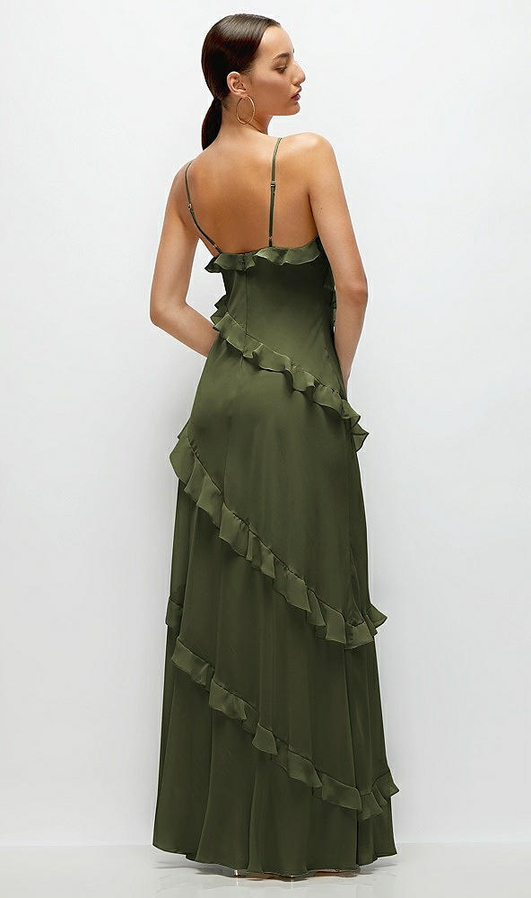 Back View - Olive Green Asymmetrical Ruffle Chiffon Bias Slip Maxi Dress