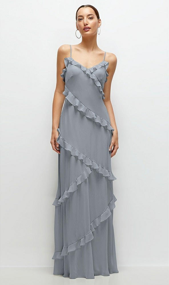 Front View - Platinum Asymmetrical Ruffle Chiffon Bias Slip Maxi Dress