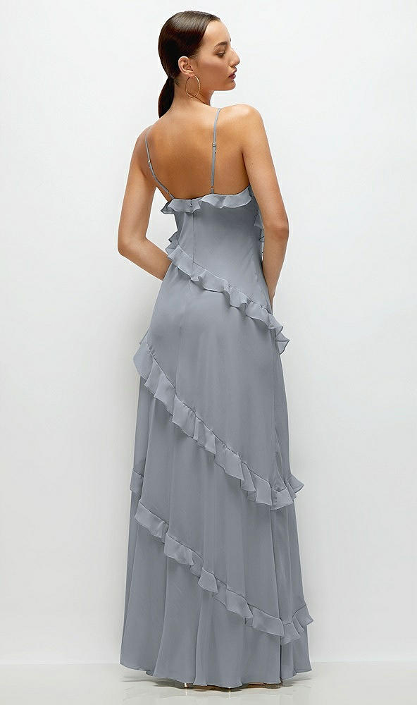 Back View - Platinum Asymmetrical Ruffle Chiffon Bias Slip Maxi Dress