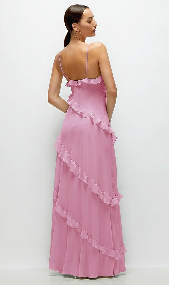 Back View - Powder Pink Asymmetrical Ruffle Chiffon Bias Slip Maxi Dress