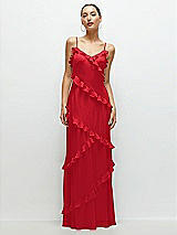 Front View Thumbnail - Parisian Red Asymmetrical Ruffle Chiffon Bias Slip Maxi Dress