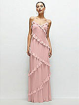 Front View Thumbnail - Rose - PANTONE Rose Quartz Asymmetrical Ruffle Chiffon Bias Slip Maxi Dress