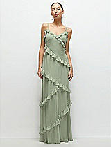 Front View Thumbnail - Sage Asymmetrical Ruffle Chiffon Bias Slip Maxi Dress