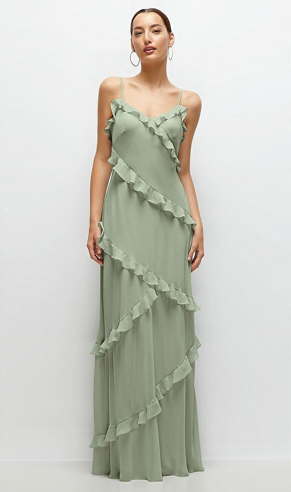 Front View - Sage Asymmetrical Ruffle Chiffon Bias Slip Maxi Dress