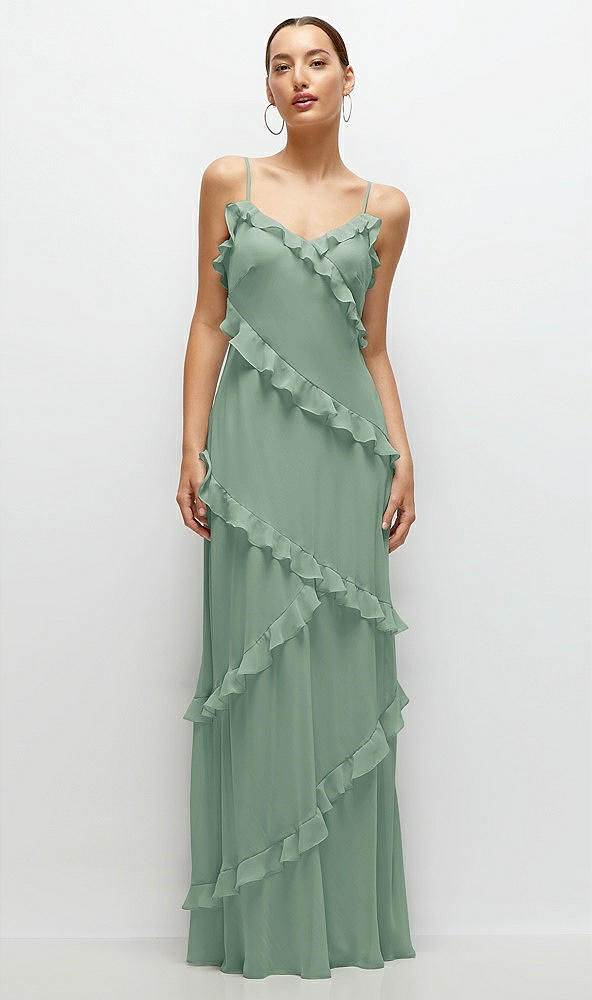 Front View - Seagrass Asymmetrical Ruffle Chiffon Bias Slip Maxi Dress