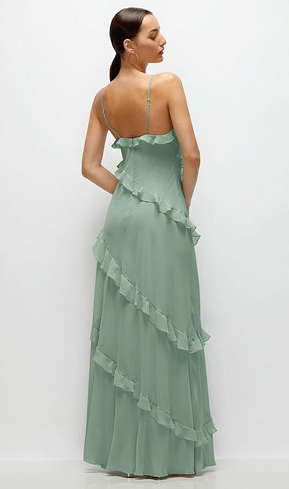 Back View - Seagrass Asymmetrical Ruffle Chiffon Bias Slip Maxi Dress