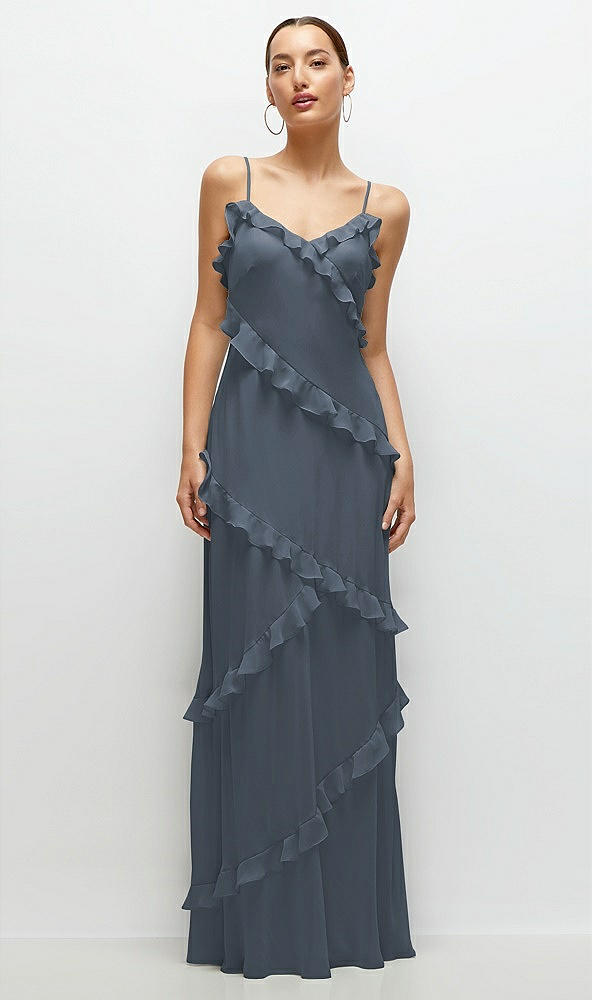 Front View - Silverstone Asymmetrical Ruffle Chiffon Bias Slip Maxi Dress