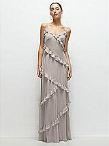 Front View Thumbnail - Taupe Asymmetrical Ruffle Chiffon Bias Slip Maxi Dress