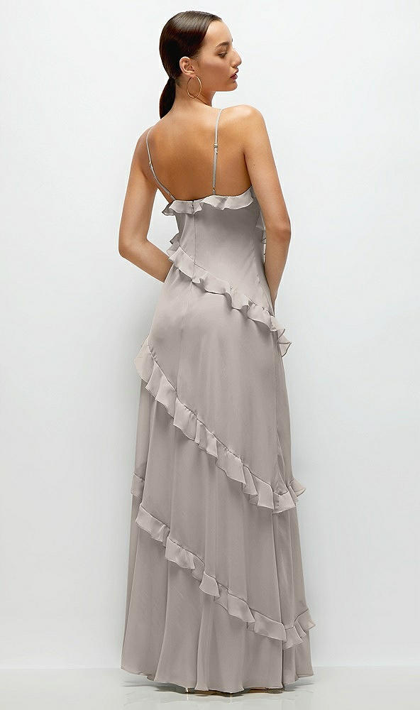 Back View - Taupe Asymmetrical Ruffle Chiffon Bias Slip Maxi Dress