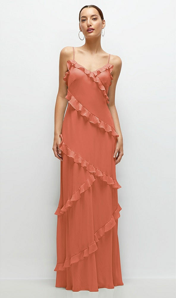 Front View - Terracotta Copper Asymmetrical Ruffle Chiffon Bias Slip Maxi Dress